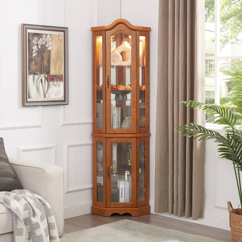 70" Lighted Corner Curio Cabinet with Tempered Glass Doors and Shelves