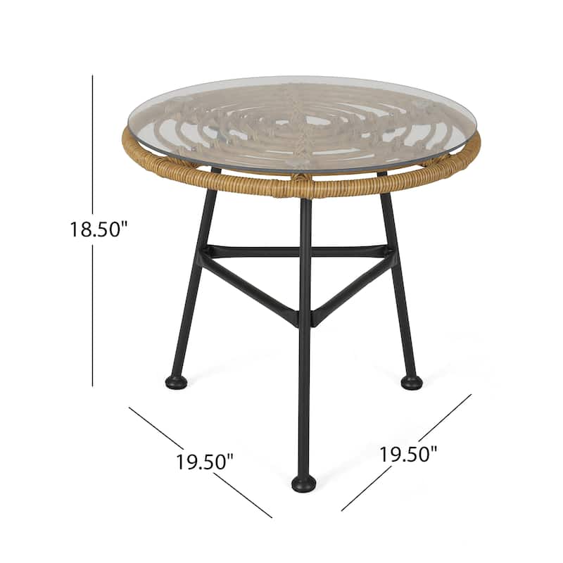 Roomfitters Round Outdoor Side Table, Accent End Table with Tempered Glass Top, Wicker Steel Frame, Patio End Table