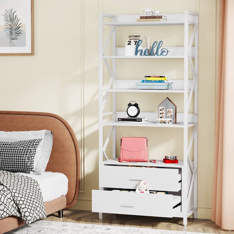 5-Tier Bookshelf Industrial Bookcase with 2 Drawers