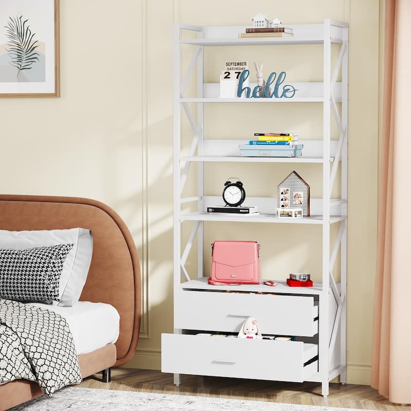 70.8" Bookshelf with 2 Drawers and open shelves, Industrial Bookcase with 2 Drawers
