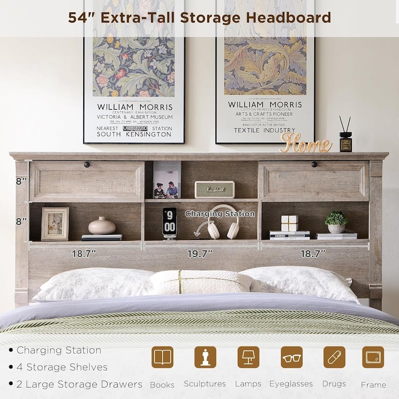 Farmhouse King Size Bed Frame with 54" Tall Storage Bookcase Headboard