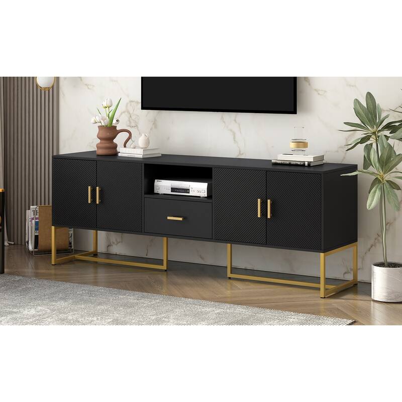 Roomfitters Modern TV Stand for up to 70 Inch TV, Media Cabinet with Drawer, Metal Legs and Safety Features, Black