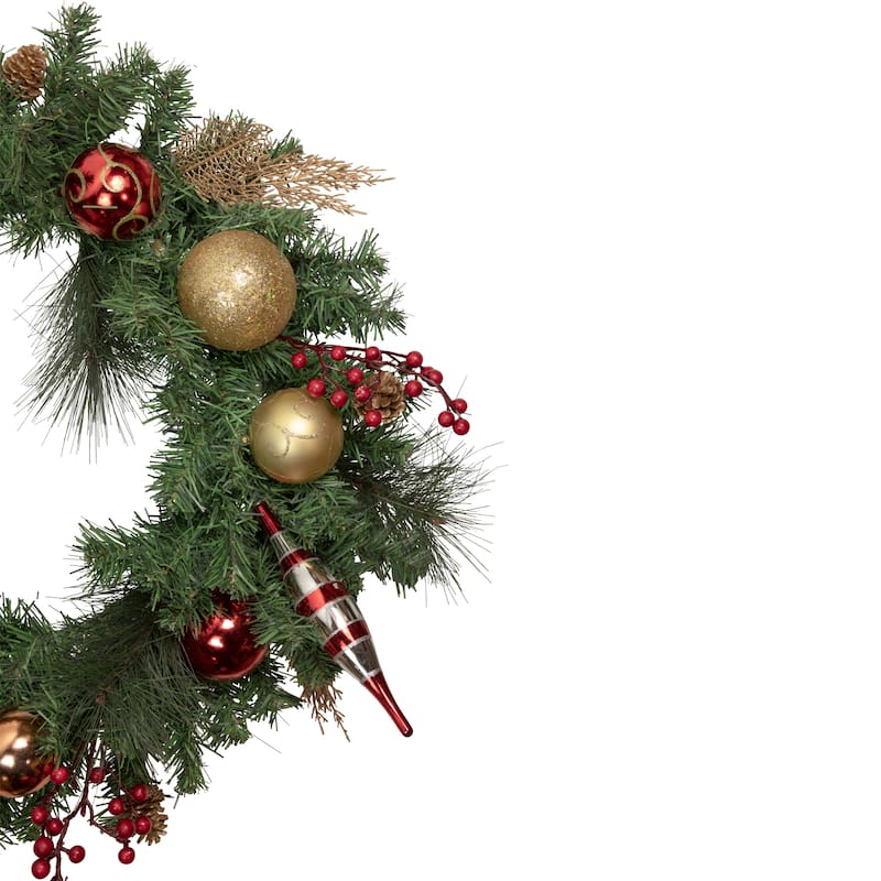 Green Mixed Foliage Ornaments Artificial Christmas Wreath, 30", Unlit