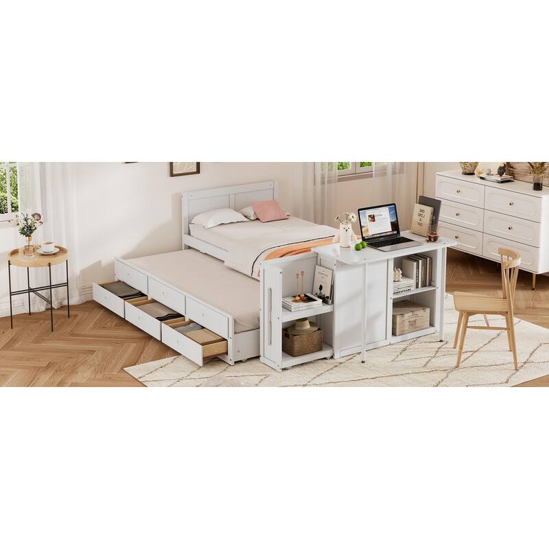 Twin Size Multifunctional Wood Platform Bed with Desk, Storage, and Trundle