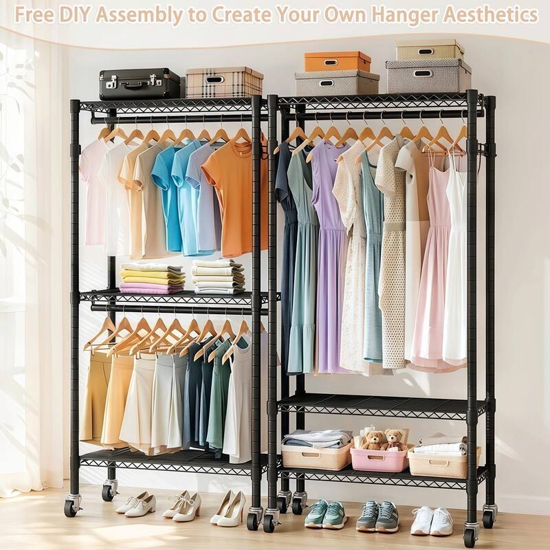 Heavy Duty Rolling Clothes Rack with 3 Shelves & 2 Rails, Black