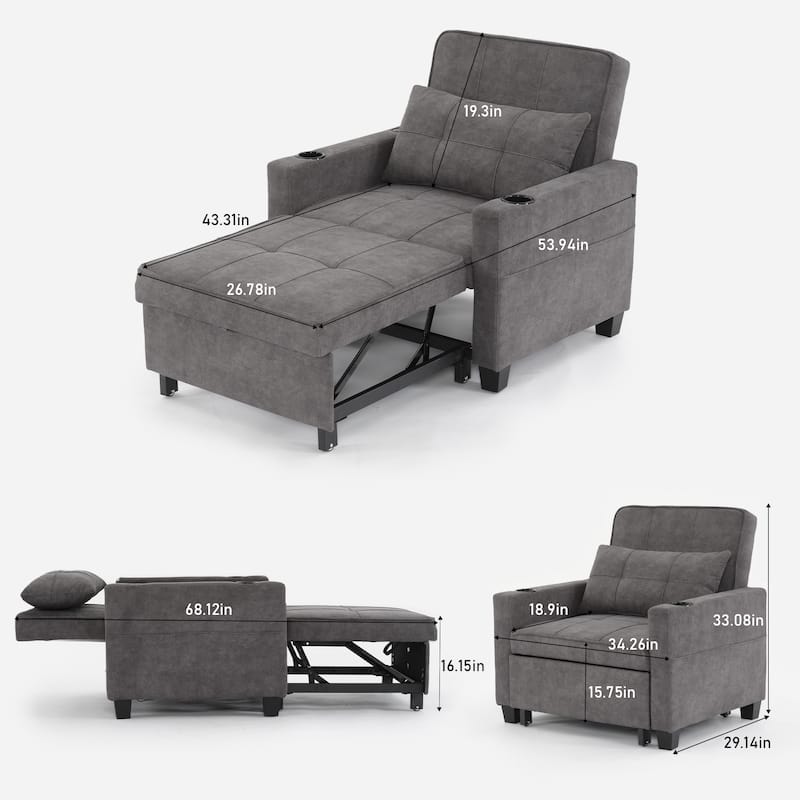 Tech Cloth Convertible Futon Armchair Bed with USB Ports, 3-Position Backrest and Built-in Storage