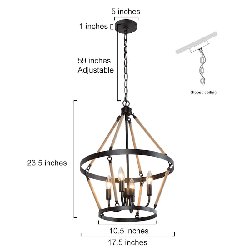 Farmhouse 4-Light Black Cage Wheel Chandelier with Rope Accents for Dining Room - D 17.5"x H 23.5"