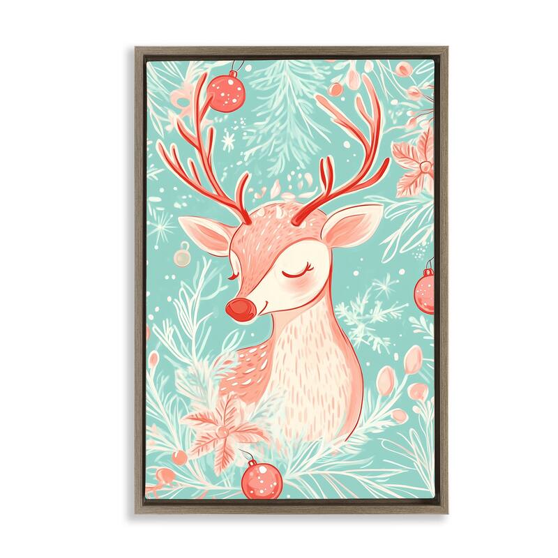 Stupell Pink & Blue Vintage Reindeer Framed Floater Canvas Wall Art Design By Arlington Prints - 21 x 31 - Brown