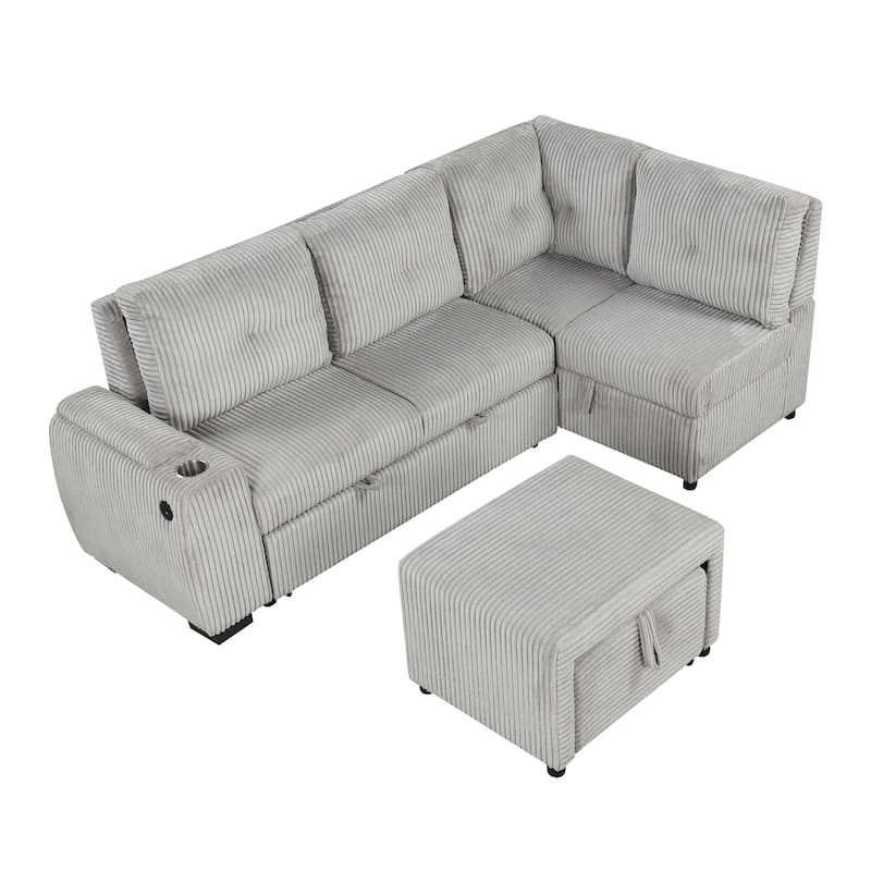 94" Corduroy Sectional Sofa Bed with Ottoman, Storage & USB Ports