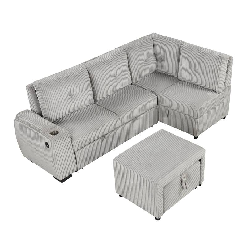 94" L-shaped Sectional Sofa Bed with Ottoman, Storage, Cup Holder & USB Ports (Light Grey Corduroy)