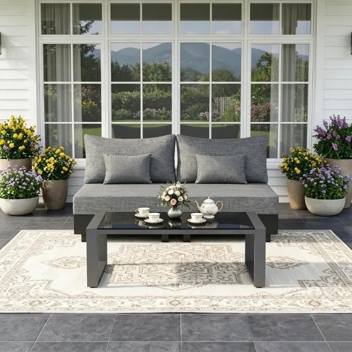 3 Piece Modular Patio Set with Aluminum Frame Tempered Glass Top Coffee Table