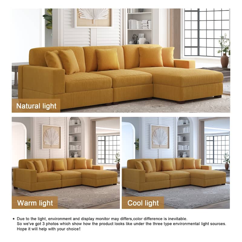118" W Corduroy L-shape Modular Sectional Sofa with Pillows