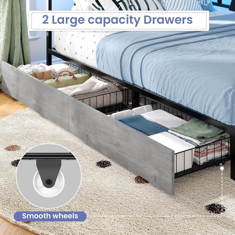 Corner Bed Frame 2 Storage Drawers Daybed Charging Station LED Lights