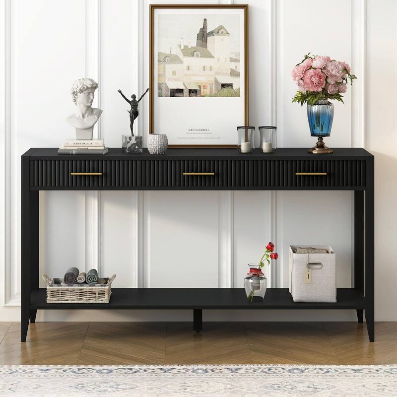 High-Quality Entryway Console Table with Vertical Stripe Drawers - Black