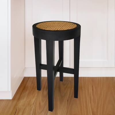 Mila Black Backless Teak and Cane Bar Stool, 28"