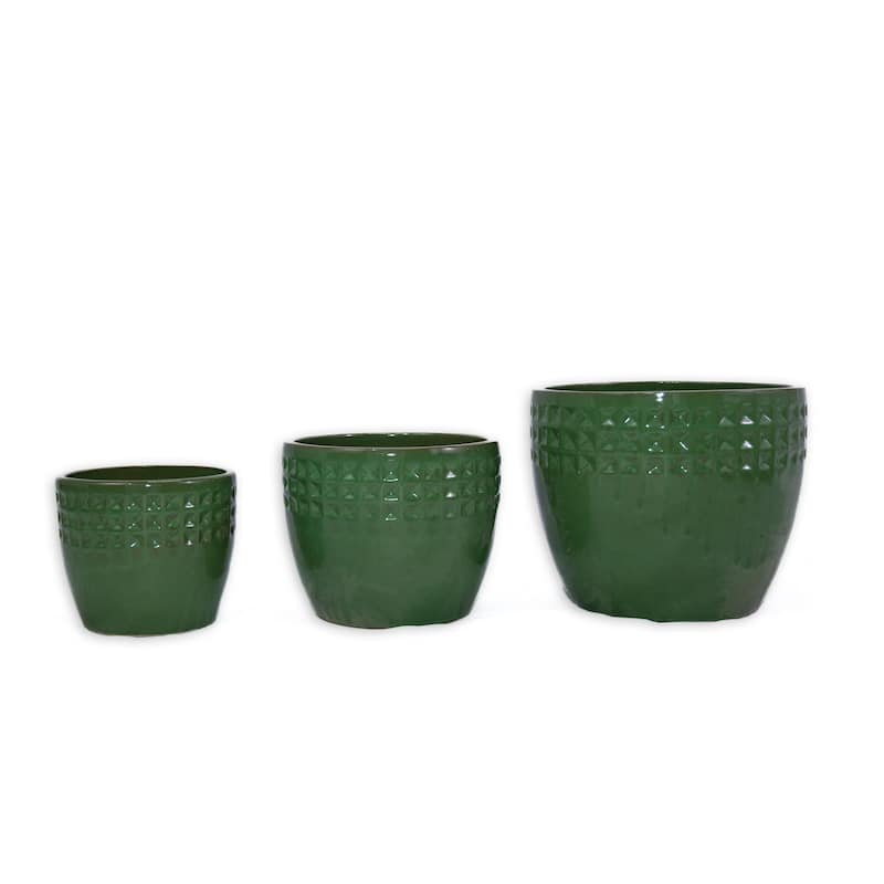 Set of 3 Ceramic Flowerpot, Modern Planter for Patio, Garden, Windowsill - Antique Green