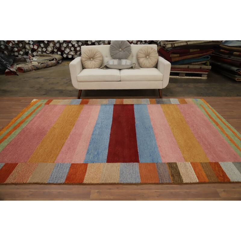Hand Knotted Oriental 100% Wool Carpet Modern Stripe Multi-Colored Gabbeh Area Rug - 9' 7'' X 6' 5''