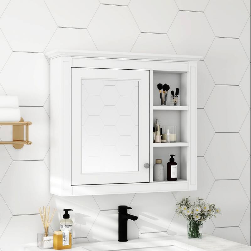 Anmytek White Wall Mounted Mirror Cabinet with Storage Bathroom Vanity Organizer