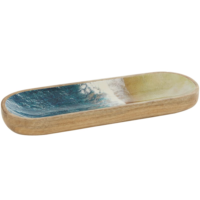 Mango Wood Handmade Ocean Inspired Living Room Decor Tray with Colorful Enameled Interior - Brown - Roche River Decor - Brown