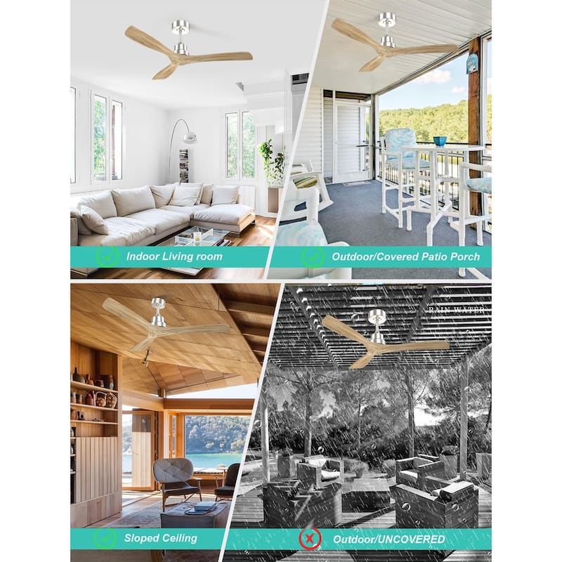Sofucor 52" Indoor Wood Ceiling Fan Light with Remote, Integrated Light Optional