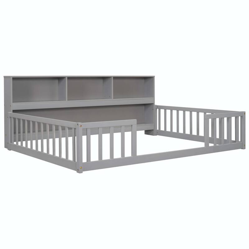 Full Floor Bed with Side Bookcase and Guardrails