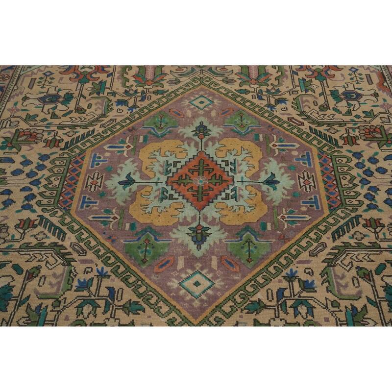 Hand Knotted Oriental 100% Wool Carpet Traditional Floral Beige & Ivories Tabriz Area Rug - 9' 7'' X 6' 7''
