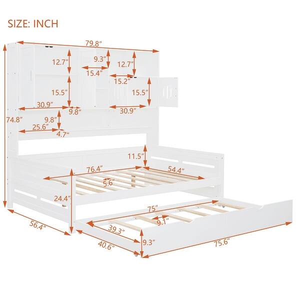 Wooden Full Size Daybed with Twin Size Trundle and All-in-One Cabinet