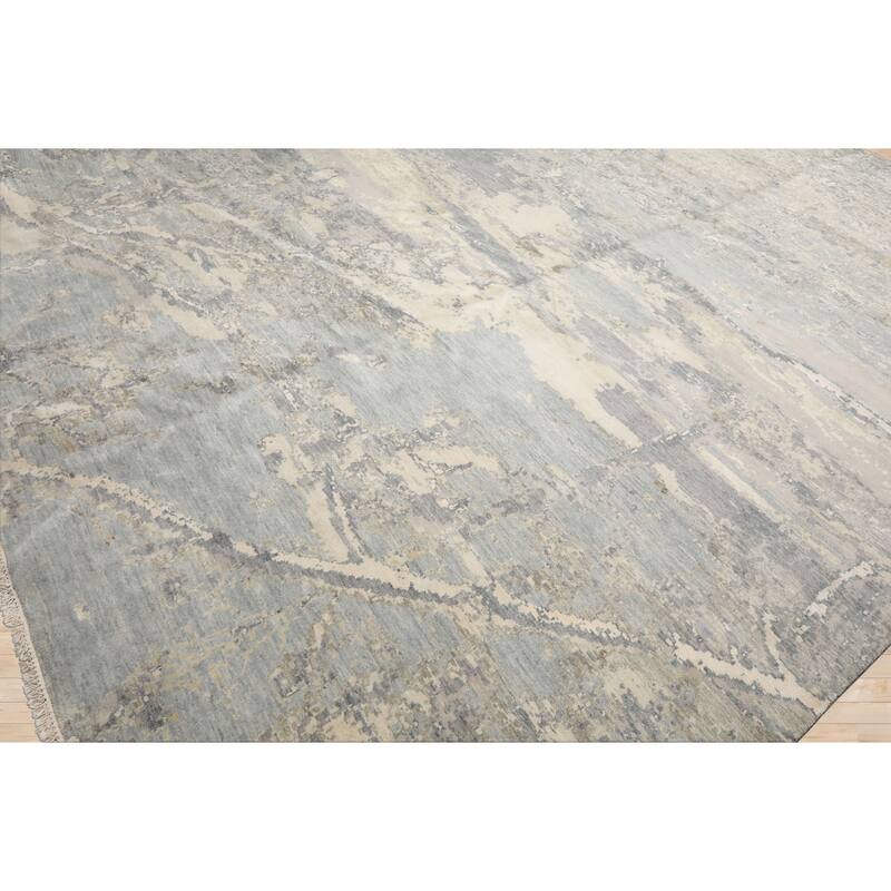 9'x11'11" Ivory Modern Tibetan Wool and Silk Hand Knotted Oriental Rug - 9' x 11' 11''