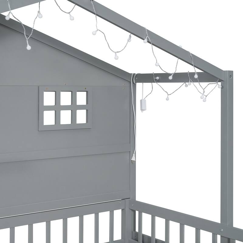Modern Twin Size House Bed with Shelves and Sparkling Light Strip