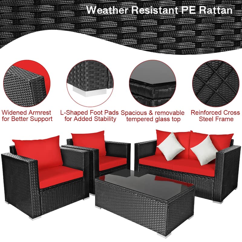 Gymax 4PCS Rattan Patio Conversation Set Outdoor Furniture Set w/