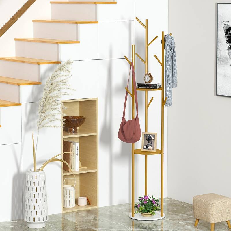 Marble Base Freestanding Clothes Hanging Rack Stand with Storage Shelf