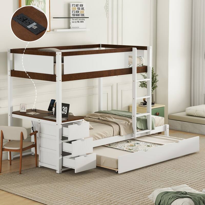 Space-Saving Twin-Over-Twin Bunk Bed with Trundle, Storage, and Desk in White and Walnut