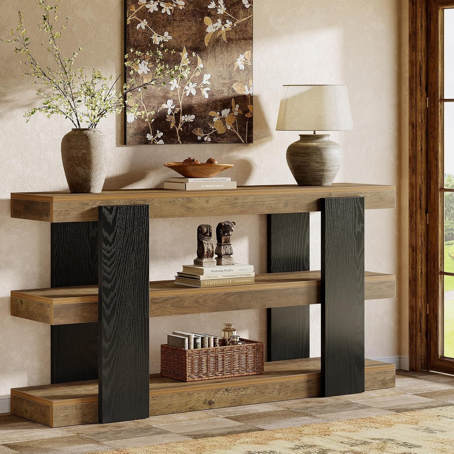 63-Inch Long Console Table, 3-Tier Farmhouse Wood Entryway Table with Storage - 63" L x 10.63" W x 33.27" H