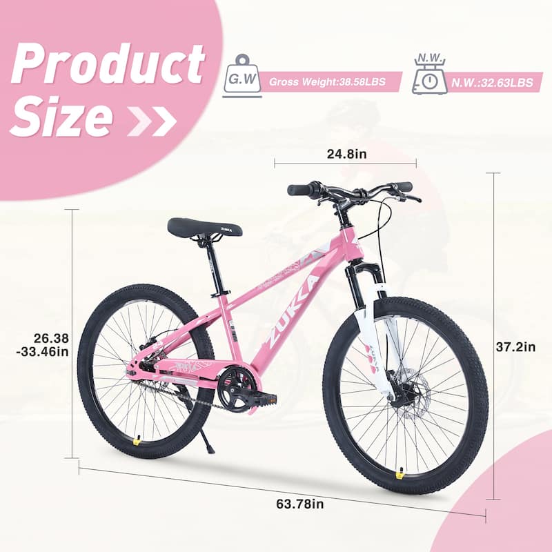 Mountain Cycling Bike 24 Inch Road Commuting Kids Bicycle with Dual Disc Brakes and Shock-Absorbing Fork for Boys and Girls