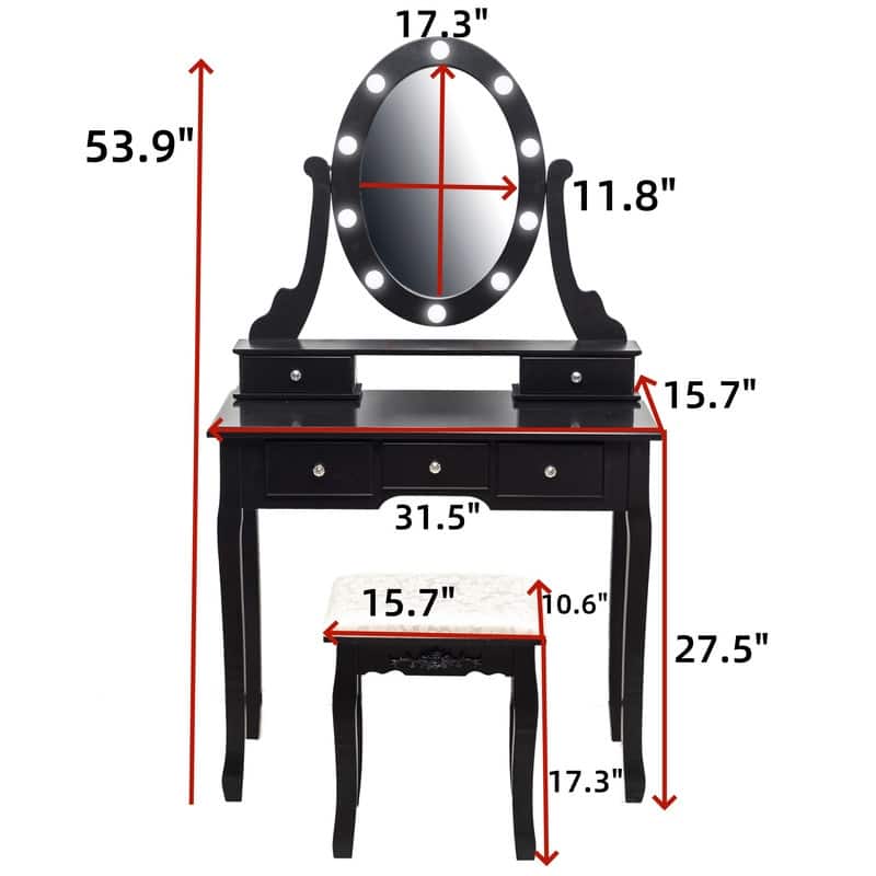 Space-Saving Makeup Vanity with LED Lights - 5 Drawer Desk and Stool