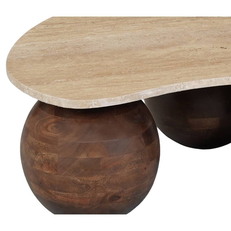 Resh Accent Coffee Table, Curved Natural Travertine Top, Round 3 Balls Wood Base