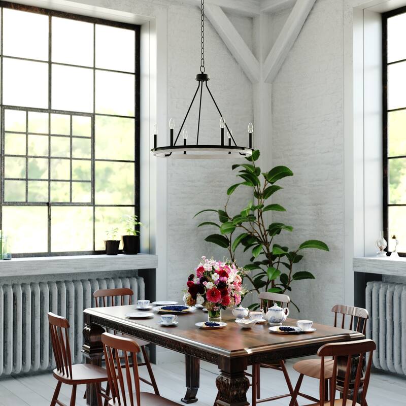 Russel 6 Light Matte Black and Weathered Gray Farmhouse Candle Wheel Chandelier - 24.75-in W x 21.5-in H x 24.75-in D