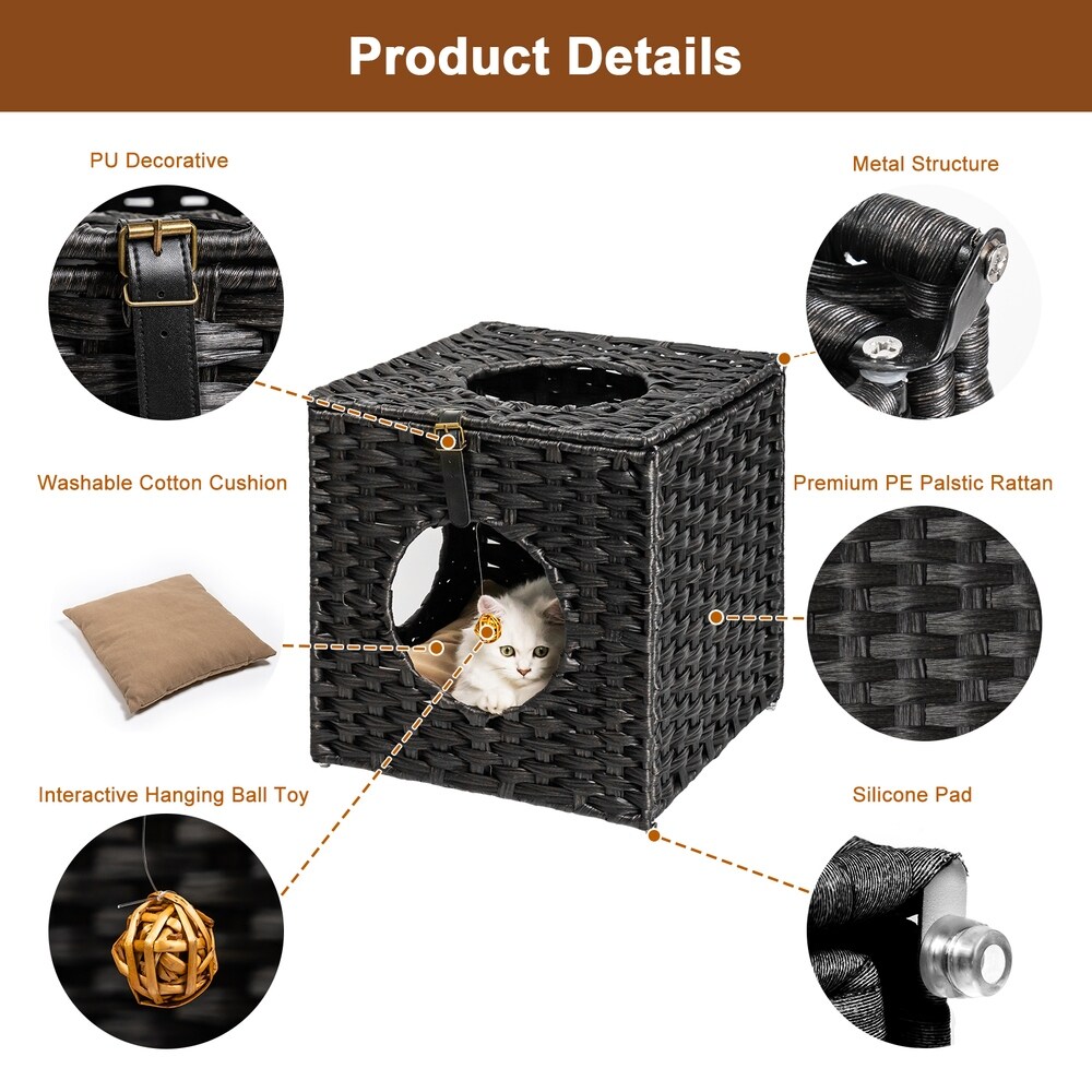 Rattan Cat Litter Cat Bed with Rattan Ball and Cushion pad yellow brown