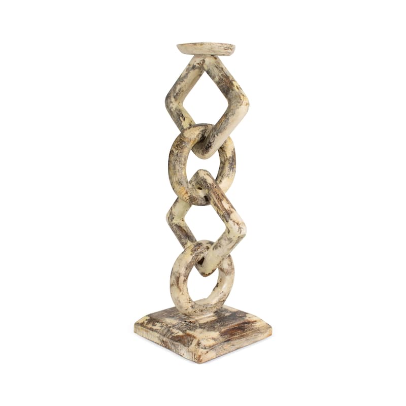 Wood Chain Link Candle Holder Hand Carved Rustic Whitewashed Candle Stand, Decorative Accent