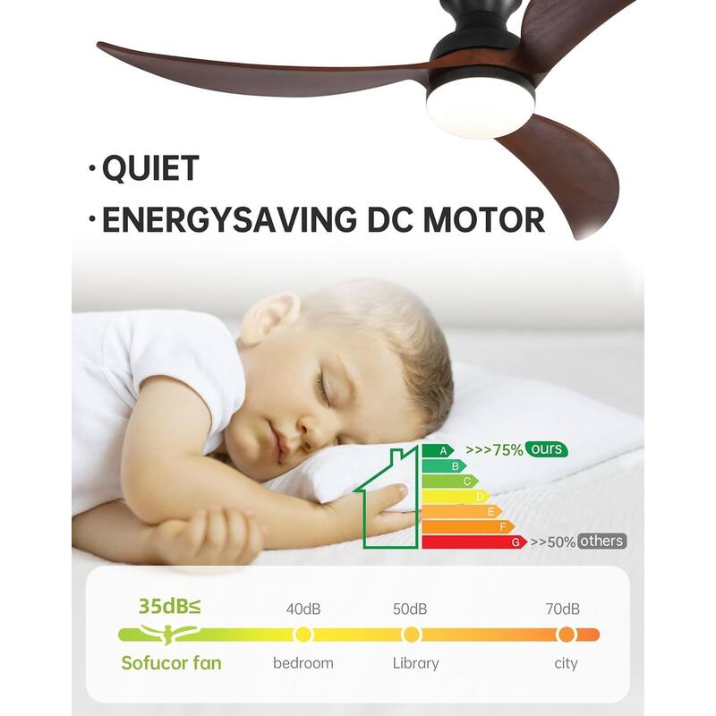 52" Low Profile Smart Ceiling Fan with LED Light, Remote or Phone APP Control,Black with Walnut Blades
