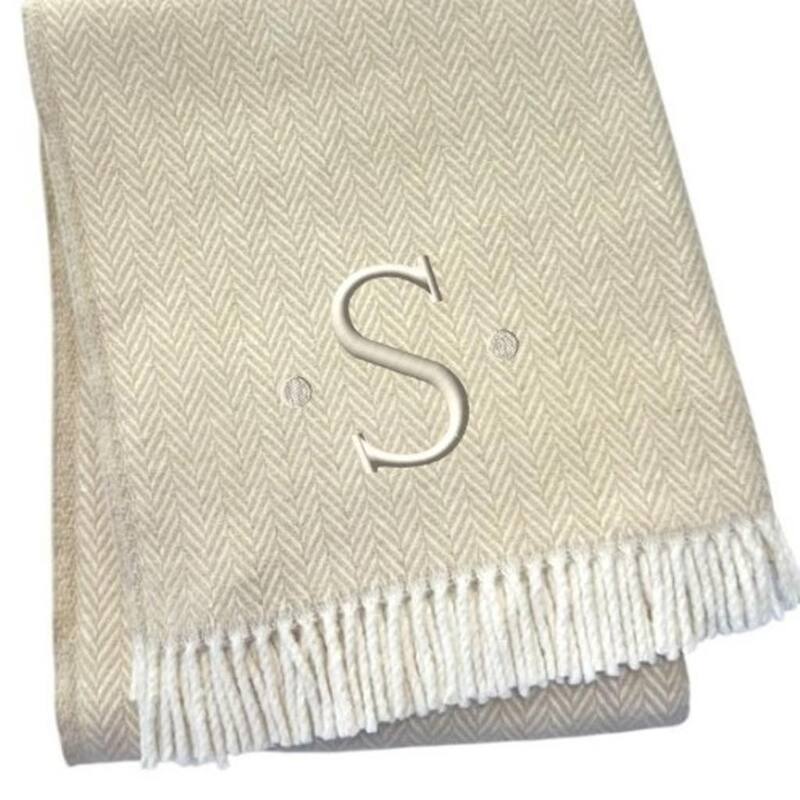 HomeRoots 55" X 70" Linen And White Herringbone Cotton Blend S Initial Throw Blanket with Tassels And Embroidery