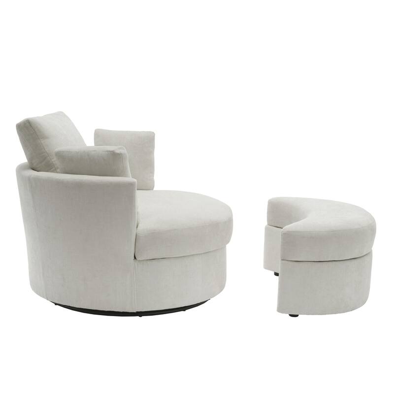 Chenille/Boucle Swivel Barrel Chair with Storage Ottoman