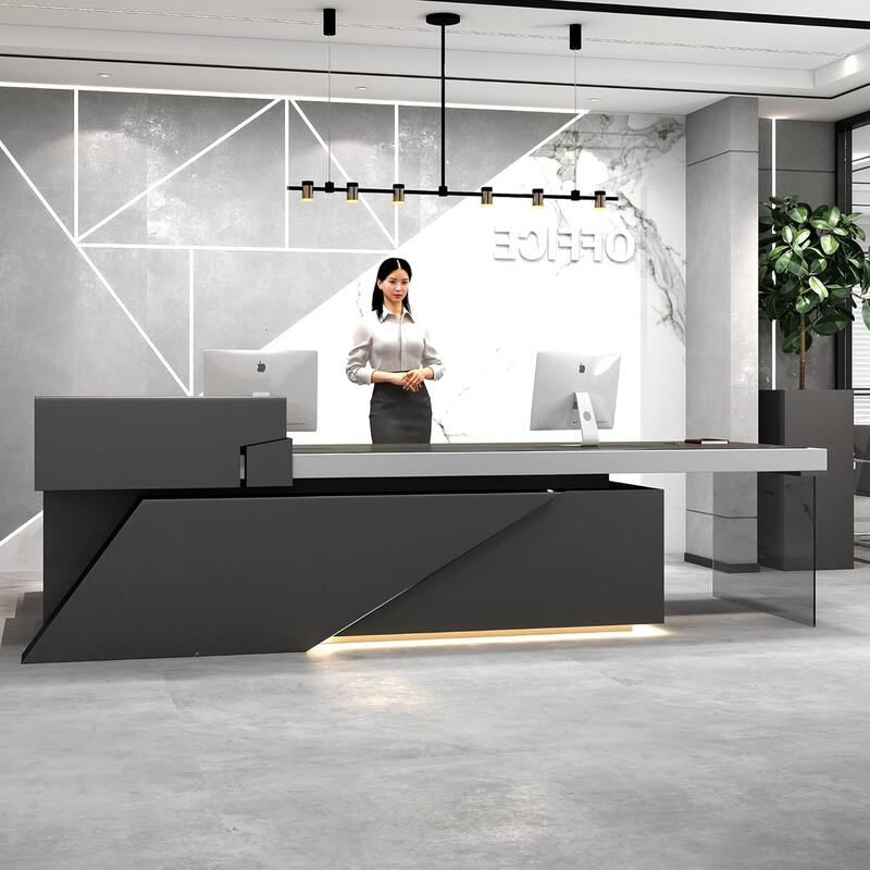 Black L Shaped Office Industrial Executive Desk with Cable Box Socket and LED Light - 94" - Black Right Return