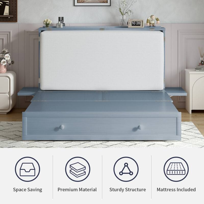 Mixoy Modern Murphy Bed Cabinet Chest with Mattress & Storage Platform