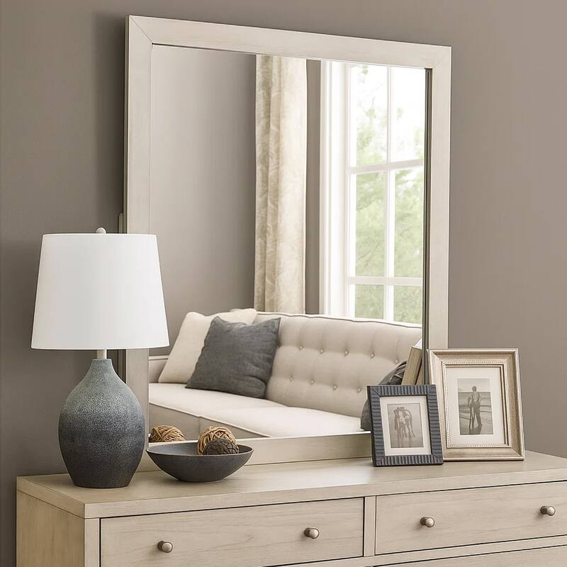 Hyao Dresser Mirror, White Wash Veneer, 38 Inch Square Frame - White Wash