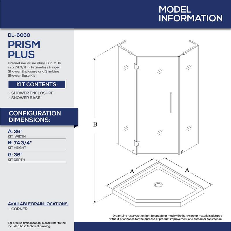 DreamLine Prism Plus 36 in. x 36 in. x 74 3/4 in. Hinged Shower Enclosure and Shower Base Kit - 36" x 36"