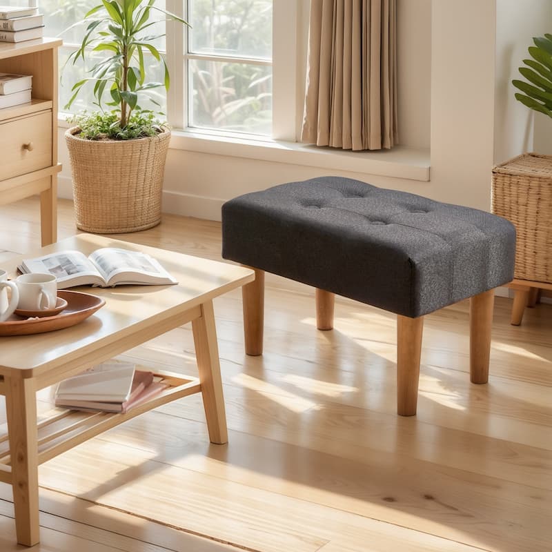 Javlergo Set of 1 or 2 Linen Ottoman Foot Rest with Wooden Legs Tufted Rectangle Upholstered Footstool for Couch Living Room - Single - Black