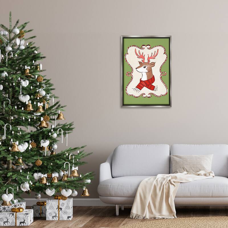 Stupell Festive Winter Deer in Scarf Framed Floater Canvas Wall Art Design By Hannah Moren