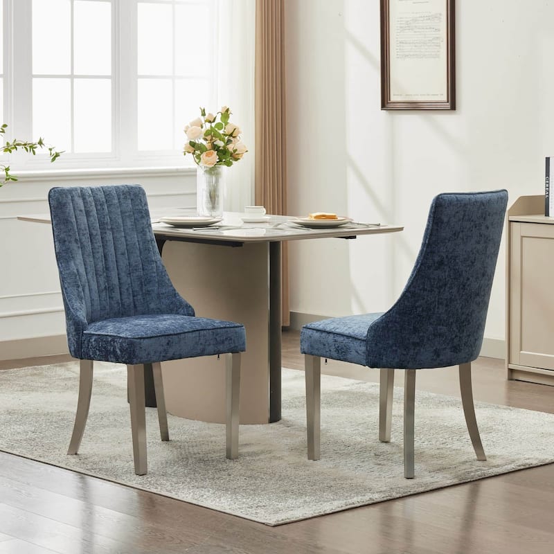 Set of 2 Chenille Upholstered Dining Chairs with Silver Steel Legs - Blue
