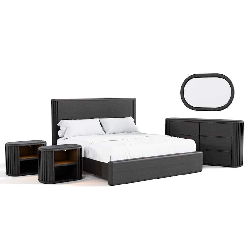 Furniture of America Caelan II Modern 5-Piece Black Solid Wood Panel Bedroom Set with Motion Light